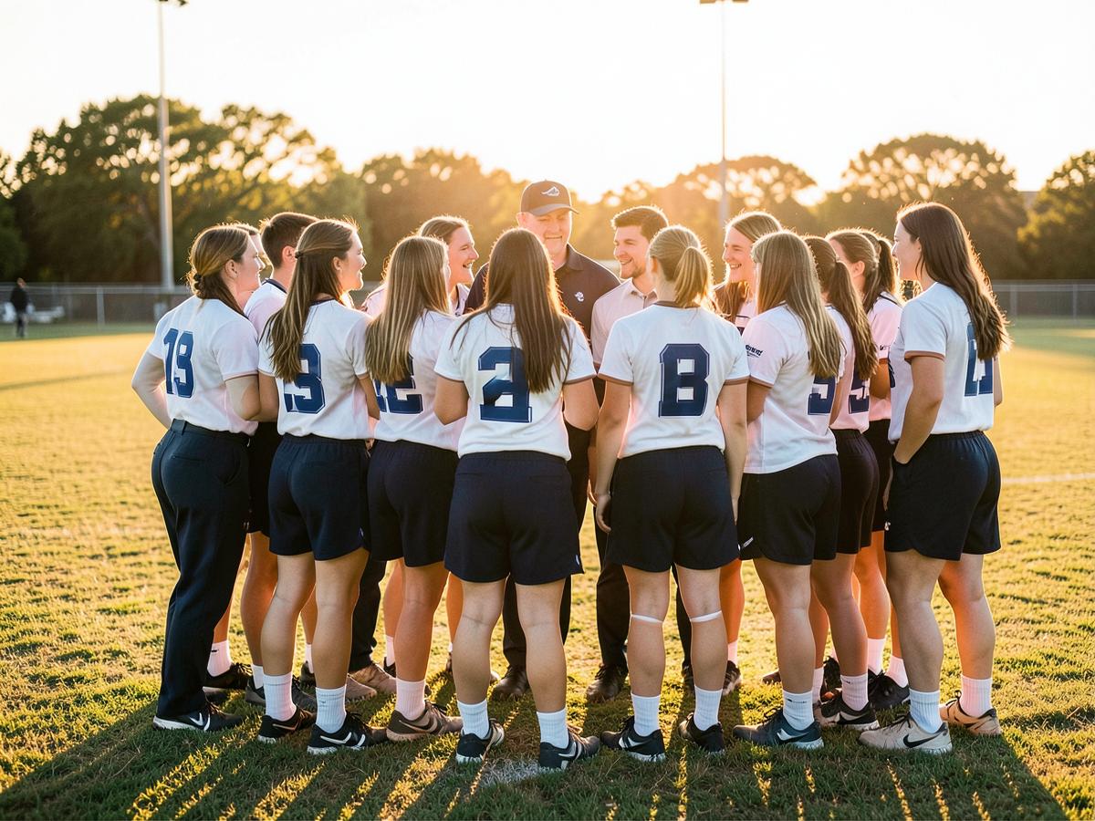 A team huddling with their coach at practice (sample photo)
